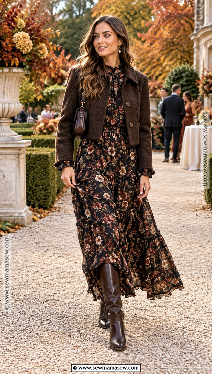 Floral Maxi Dress And Knee High Boots Fall Outfit - 15 fall womens outfits 2026 dressy