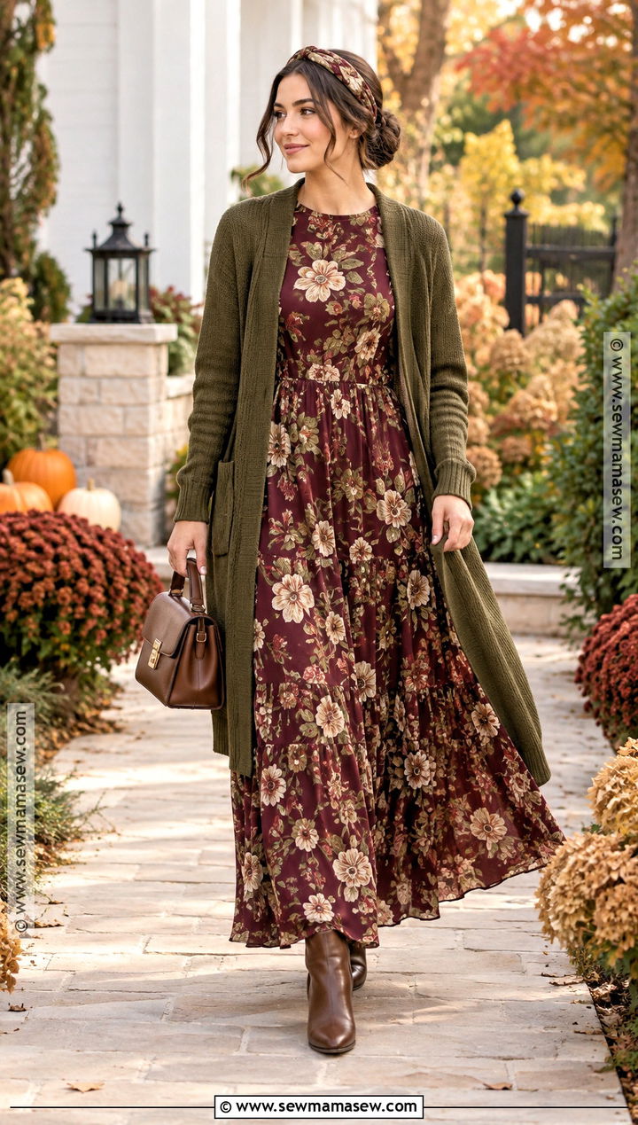 Floral Maxi Dress And Knit Cardigan Apostolic Fall Outfit - 15 fall outfits apostolic fashion
