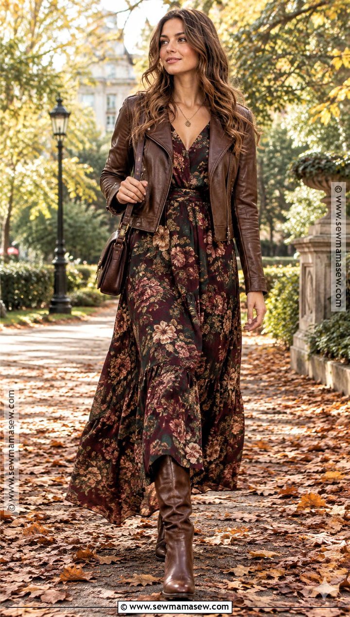 Floral Maxi Dress And Leather Jacket Autumn Outfit - 15 autumn aesthetic outfit ideas 2026