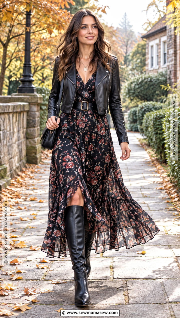 Floral Maxi Dress And Leather Jacket Autumn Rock Outfit - 20 autumn rock outfit ideas