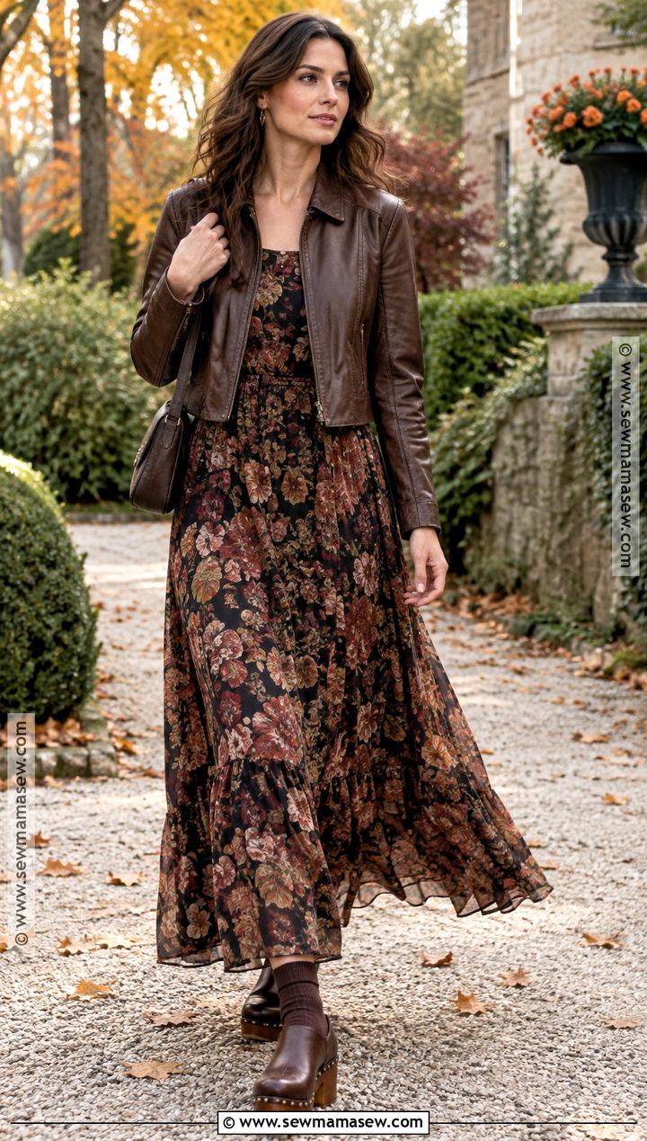 Floral Maxi Dress And Leather Jacket With Clogs - 20 fall outfits with clogs
