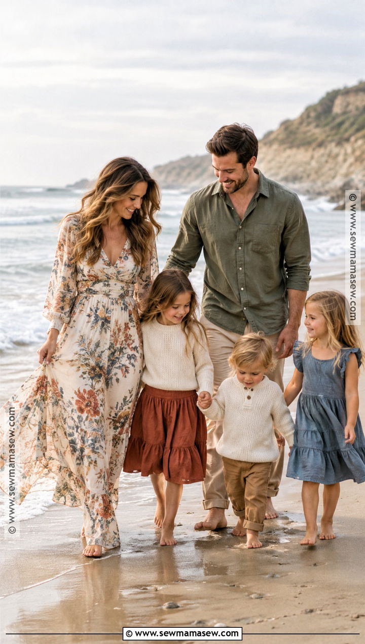 Floral Maxi Dress And Neutral Family Outfit - 20 fall family beach pictures outfits