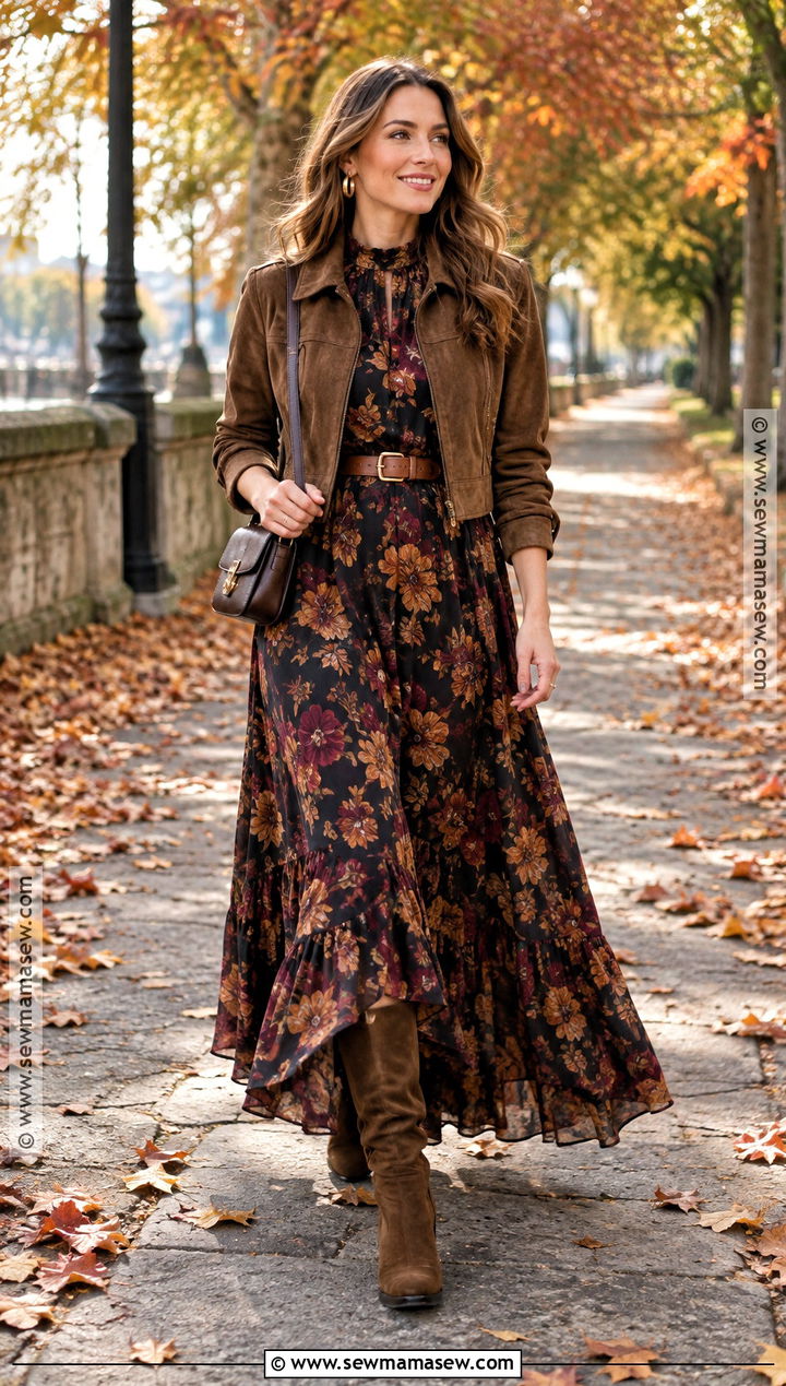 Floral Maxi Dress And Suede Boots Fall Birthday Outfit - 20 Birthday Outfits Fall