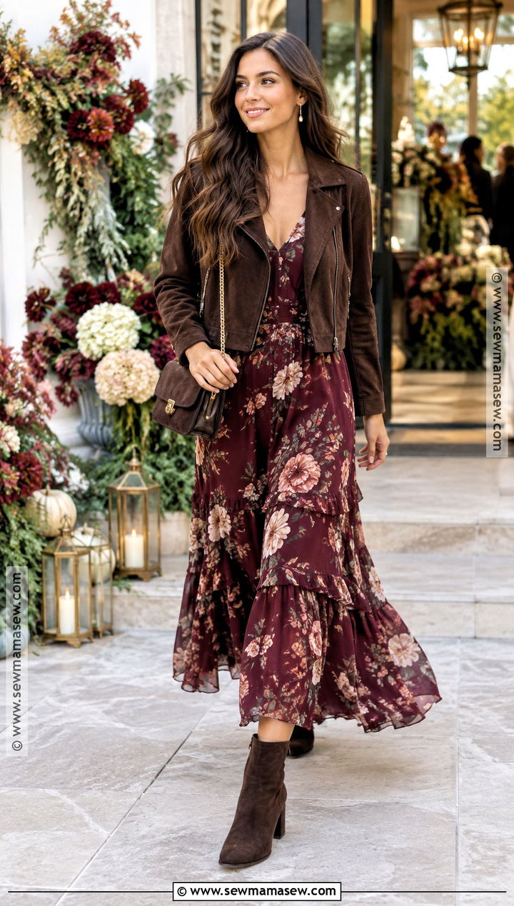 Floral Maxi Dress And Suede Jacket Birthday Outfit - 15 40th birthday outfits for women fall