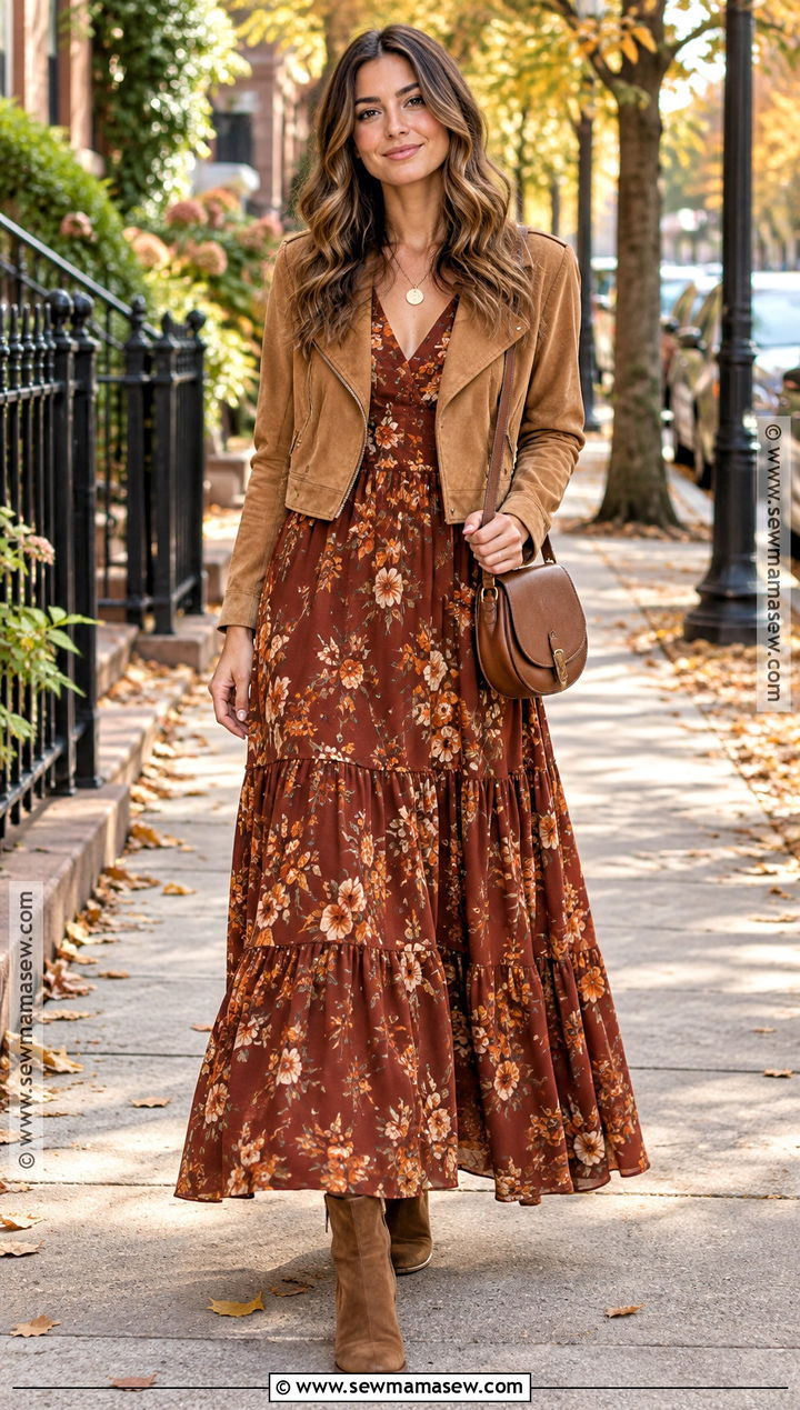Floral Maxi Dress And Suede Jacket Boho Autumn Look - 15 boho style autumn look ideas