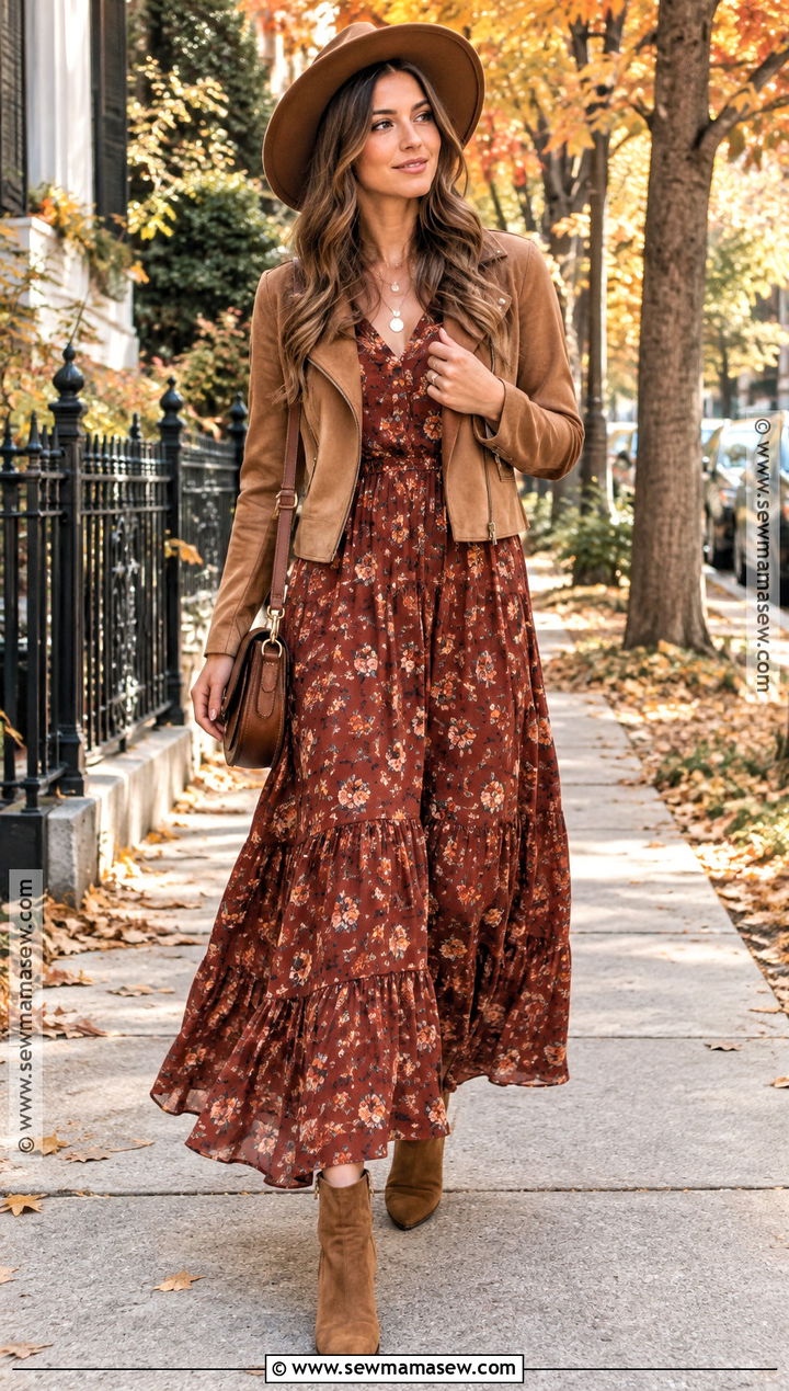 Floral Maxi Dress And Suede Jacket Boho Fall Outfit - 25 boho fall outfits