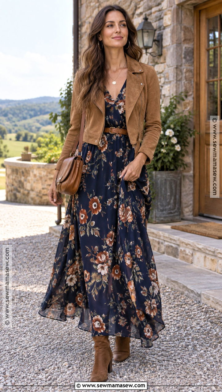Floral Maxi Dress And Suede Jacket Holiday Outfit - 20 Holiday Outfits Autumn