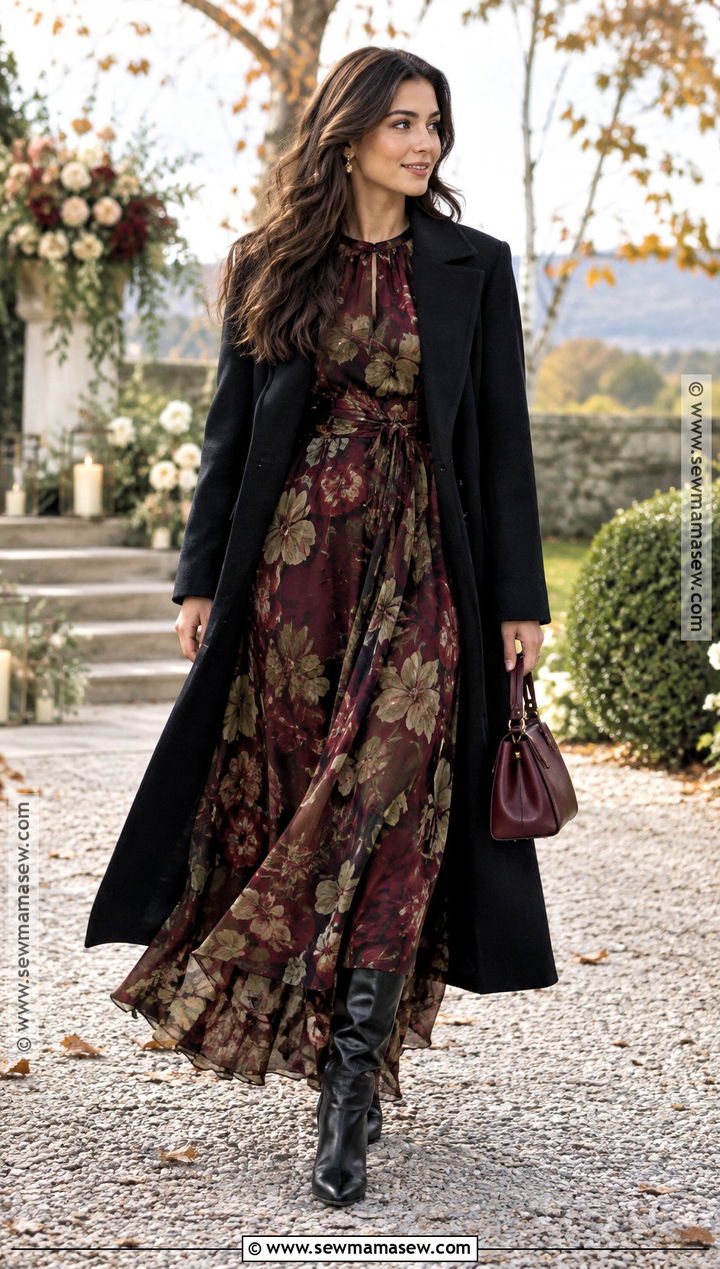 Floral Maxi Dress And Tailored Coat Fall Outfit - 15 fall outfits dressy