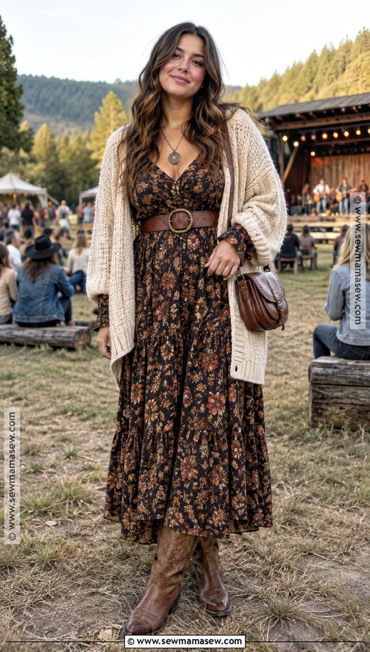 Floral Maxi Dress Cardigan Western Boots Concert Outfit - 15 Fall Concert Outfit Night Outside Ideas