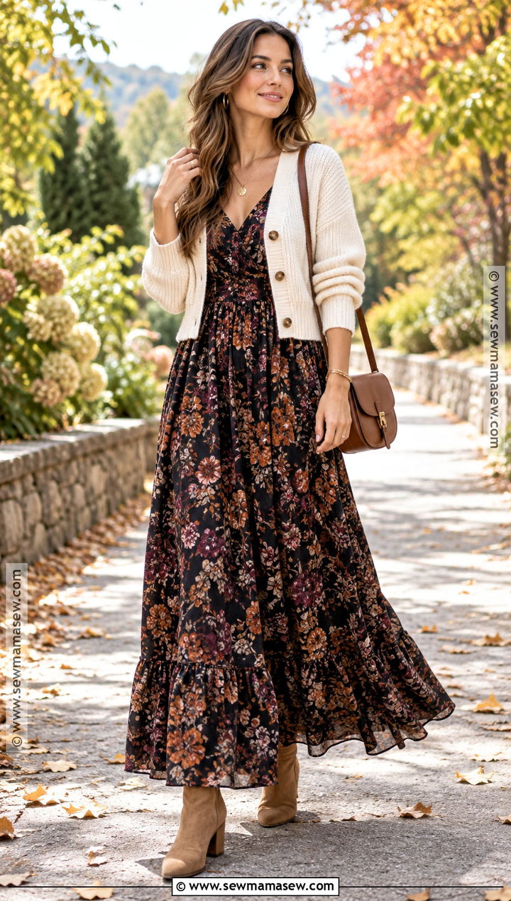 Floral Maxi Dress Cropped Cardigan and Ankle Boots for 70 Degree Fall Weather - 15 Fall 70 Degree Weather Outfit Ideas