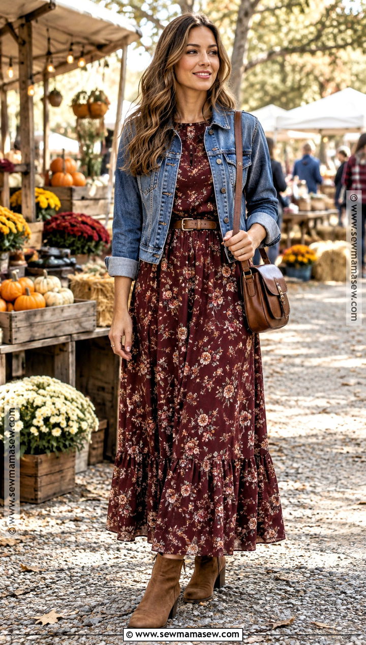 Floral Maxi Dress Date Outfit With Denim Jacket - 25 date outfit fall ideas