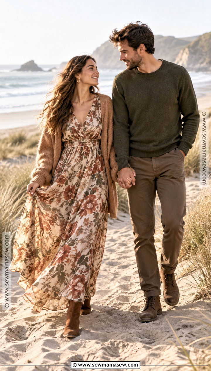 Floral Maxi Dress Fall Beach Engagement Outfit - 15 fall beach engagement photos outfit ideas
