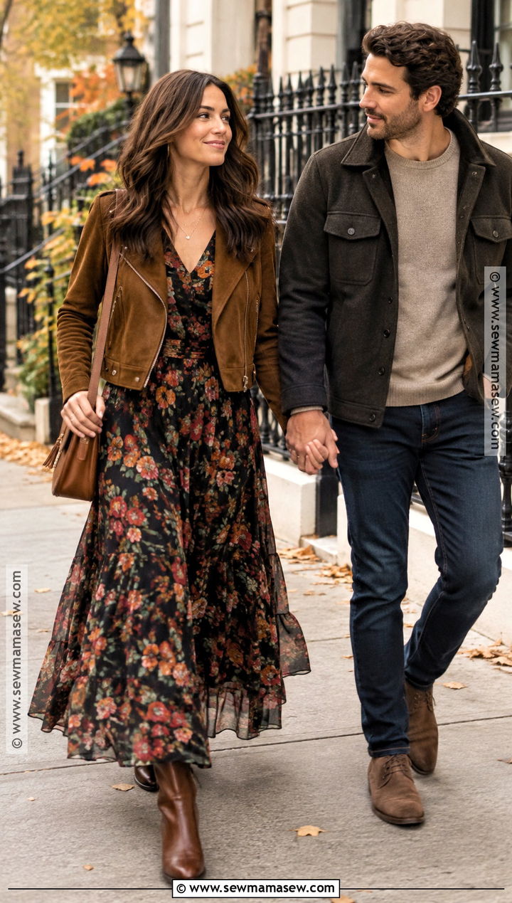 Floral Maxi Dress Fall City Engagement Outfit - 15 fall city engagement pictures outfit ideas