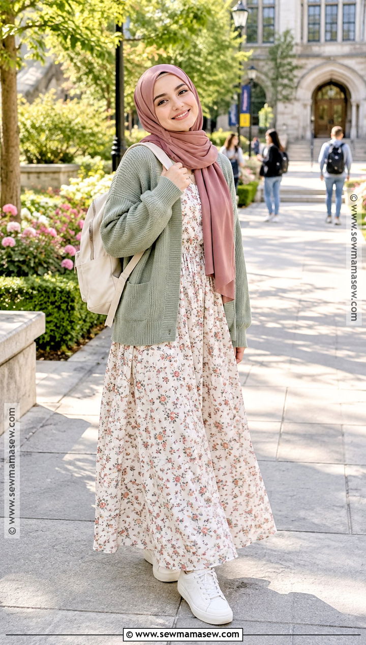 Floral Maxi Dress Hijab Outfit With Cardigan - 20 back to school hijab outfits