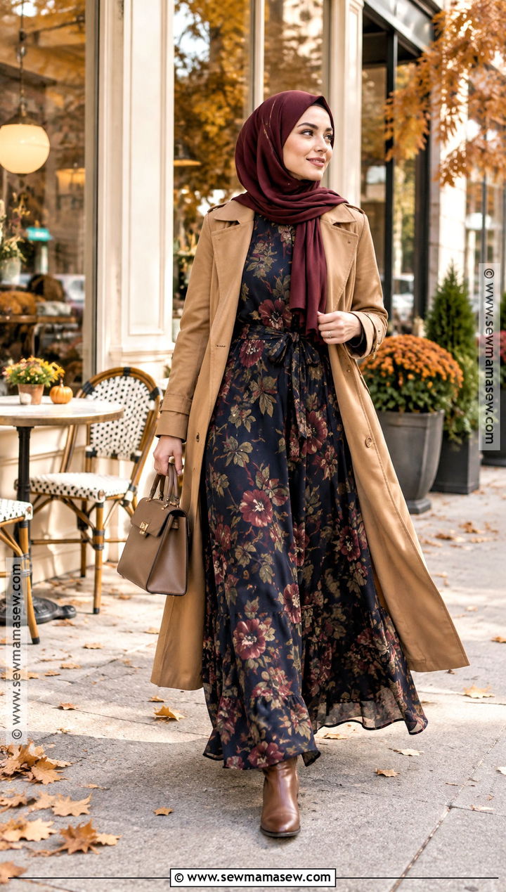 Floral Maxi Dress Hijabi Outfit With A Trench Coat - 25 fall hijabi outfits