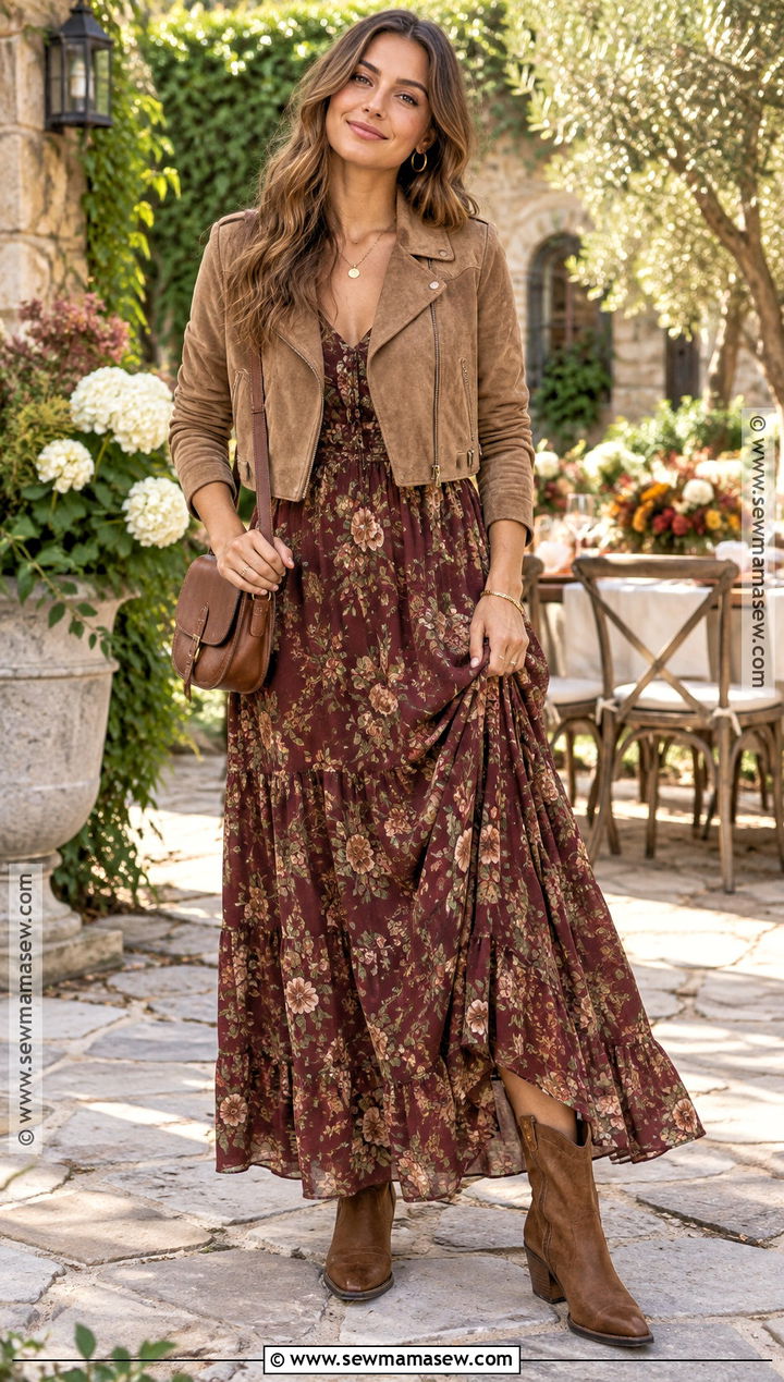 Floral Maxi Dress Suede Jacket And Boots Outfit - 20 transitional summer to fall outfits