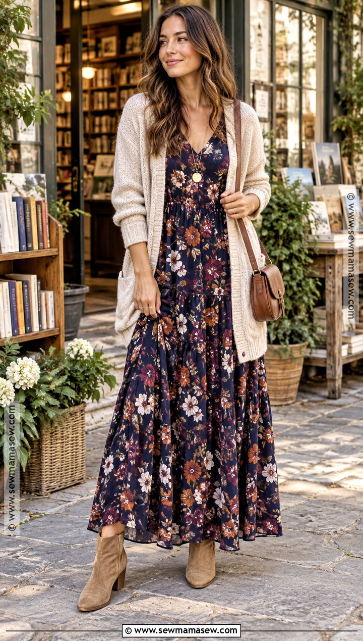 Floral Maxi Dress With Cardigan - 15 fall 2026 dress outfits