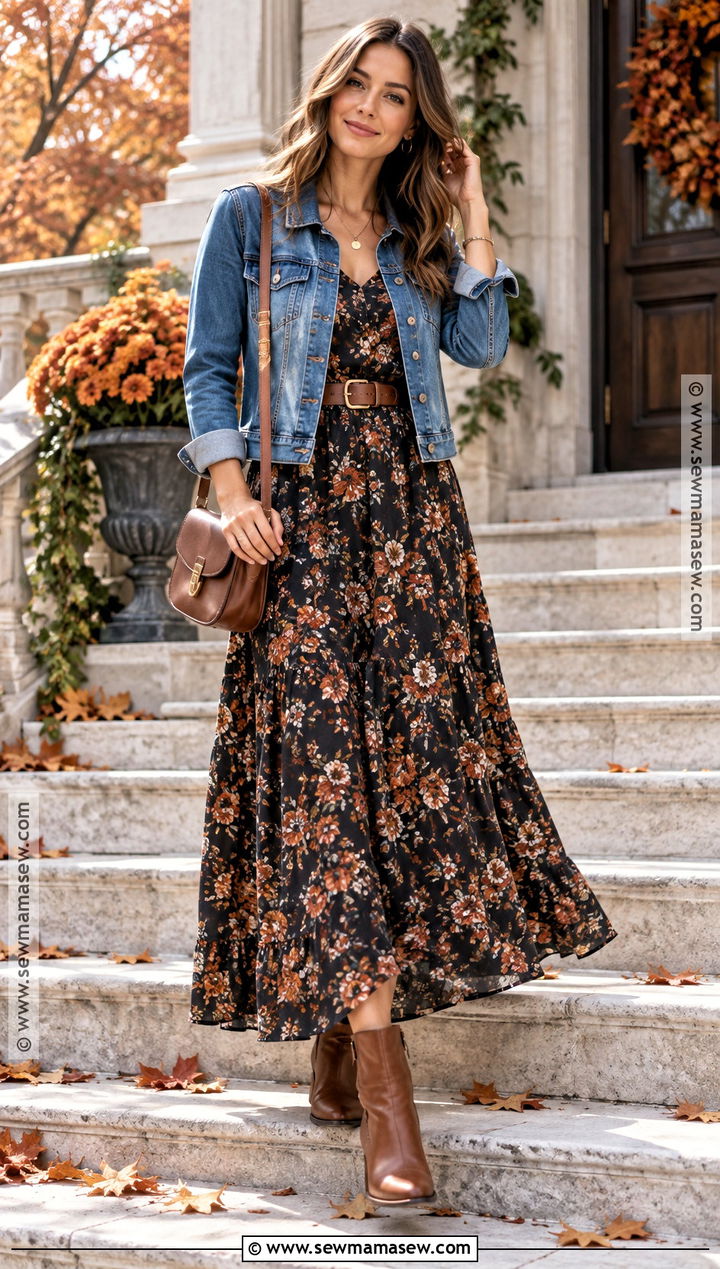 Floral Maxi Dress With Denim Jacket Fall Church Outfit - 20 sunday church outfits fall