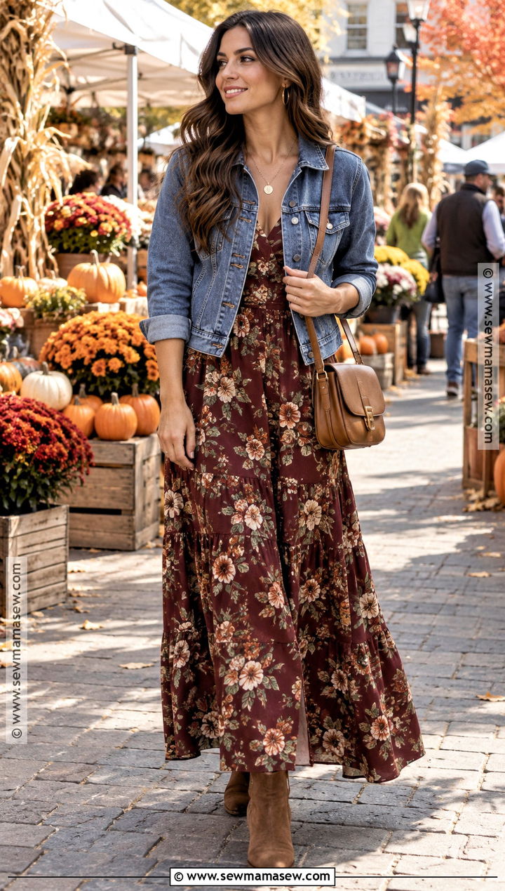 Floral Maxi Dress With Denim Jacket - 25 Fall Maxi Dress Ideas