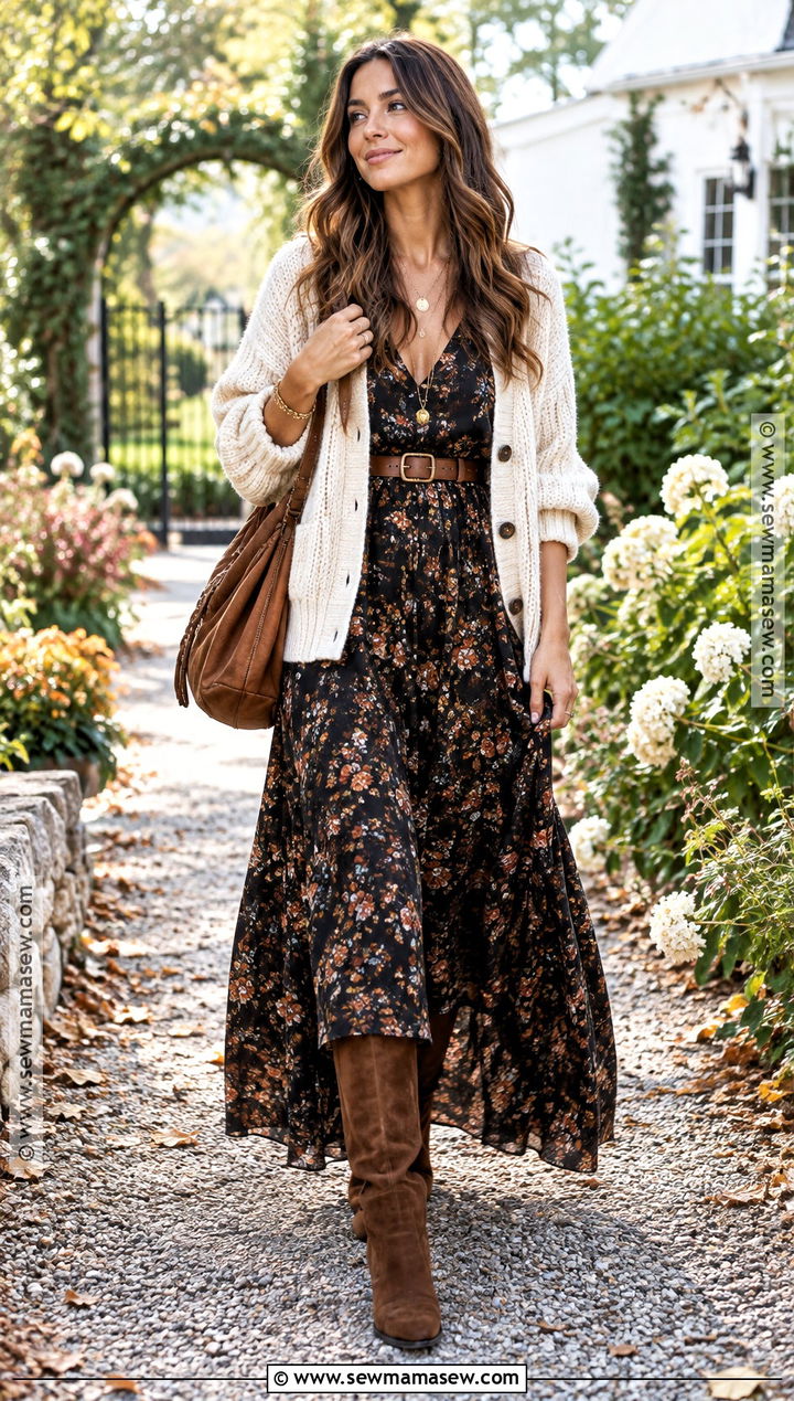 Floral Maxi Dress With Knee High Boots - 20 Autumn Knee High Boots Outfit