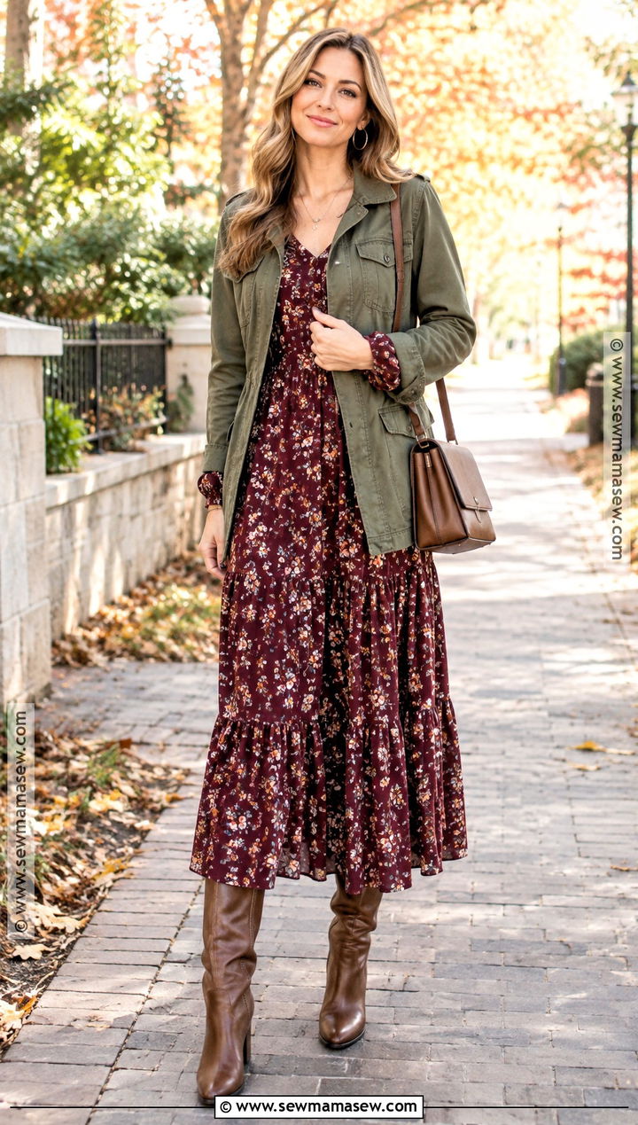 Floral Maxi Dress With Knee High Boots - 15 floral print fall outfit ideas