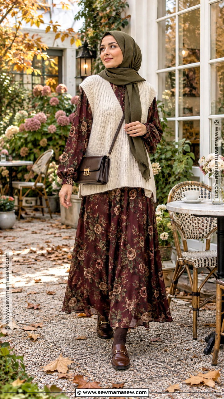 Floral Maxi Dress With Knit Vest And Loafers - 20 Muslim Fall Outfits