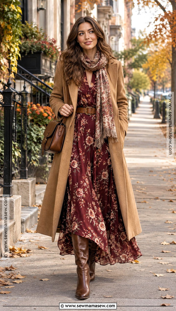 Floral Maxi Dress With Long Wool Coat - 15 Autumn Floral Clothing Ideas