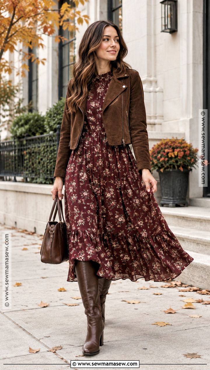 Floral Maxi Dress With Suede Jacket Fall Modest Outfit - 15 fall 2026 modest outfits
