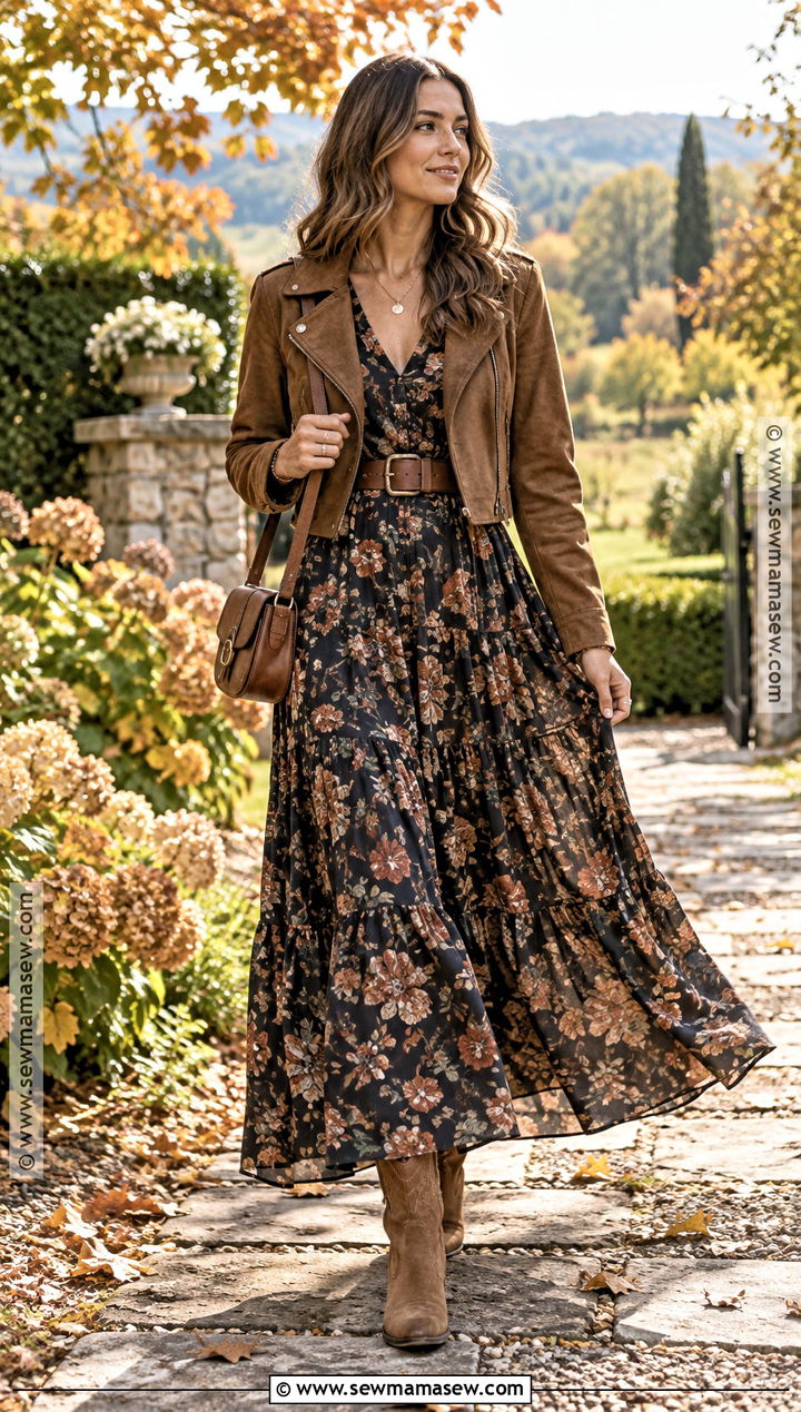 Floral Maxi Dress With Western Boots - 25 autumn outfits with boots