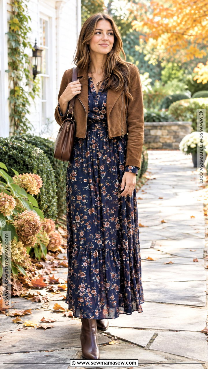 Floral Maxi Dress and Ankle Boots Fall Outfit - 20 Fall Inspiration Outfits