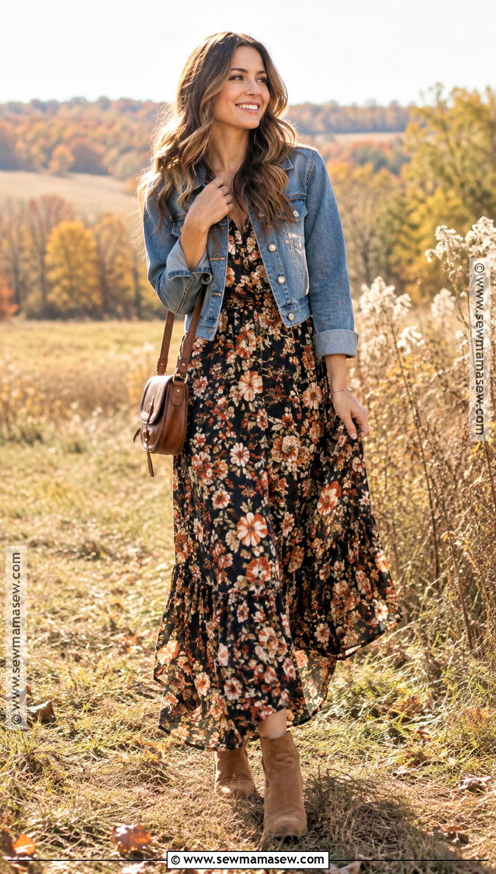 Floral Maxi Dress and Denim Jacket Shoot - 15 Fall Fashion Shoot Ideas