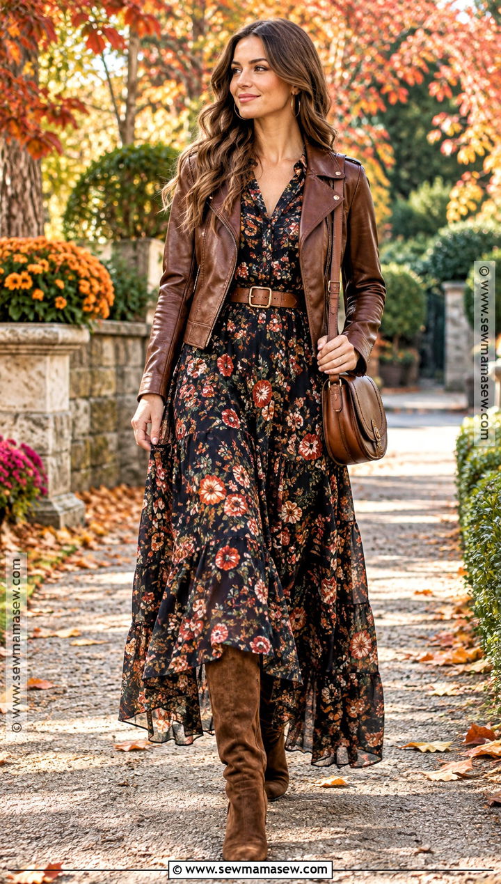 Floral Maxi Dress and Knee High Boots Fall Outfit - 15 festive fall outfits