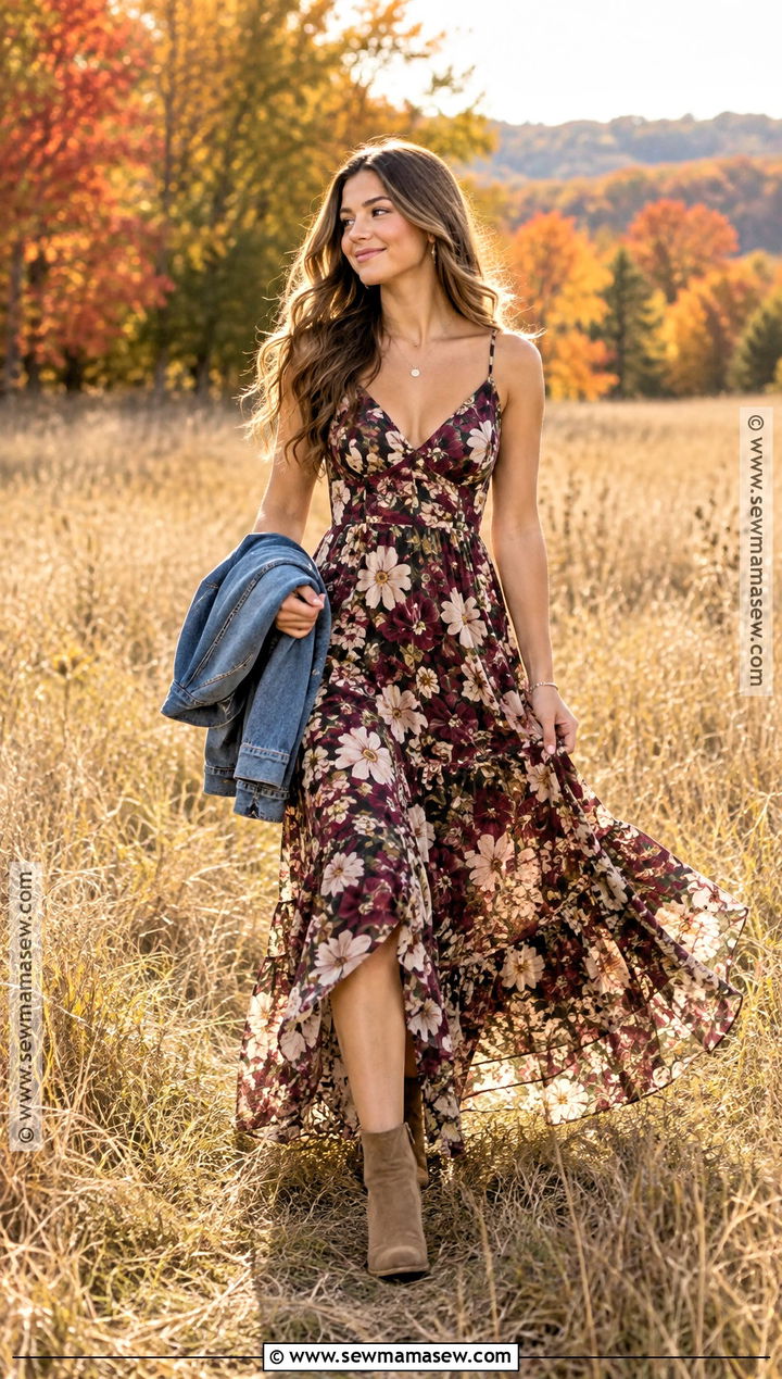 Floral Maxi Dress and Suede Boots Senior Picture Outfit - 15 autumn senior pictures outfits