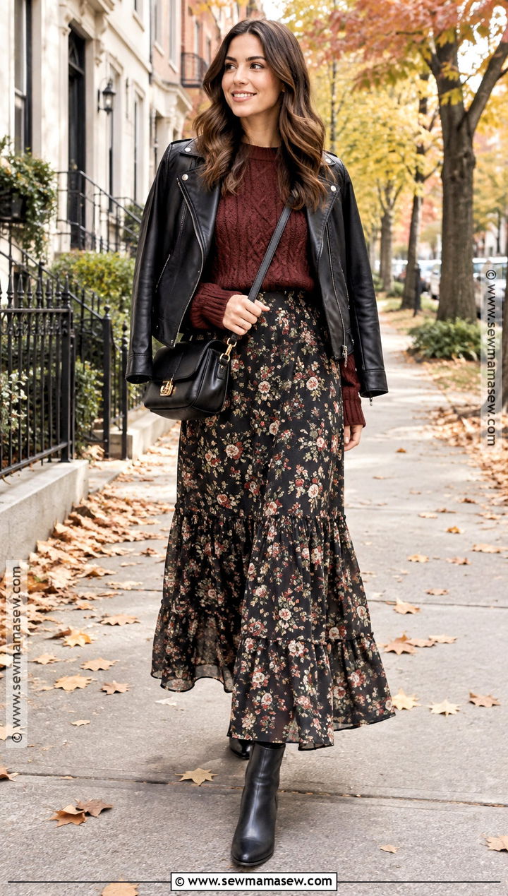 Floral Maxi Skirt And Cable Knit Sweater Outfit - 20 skirt and sweater outfit fall ideas