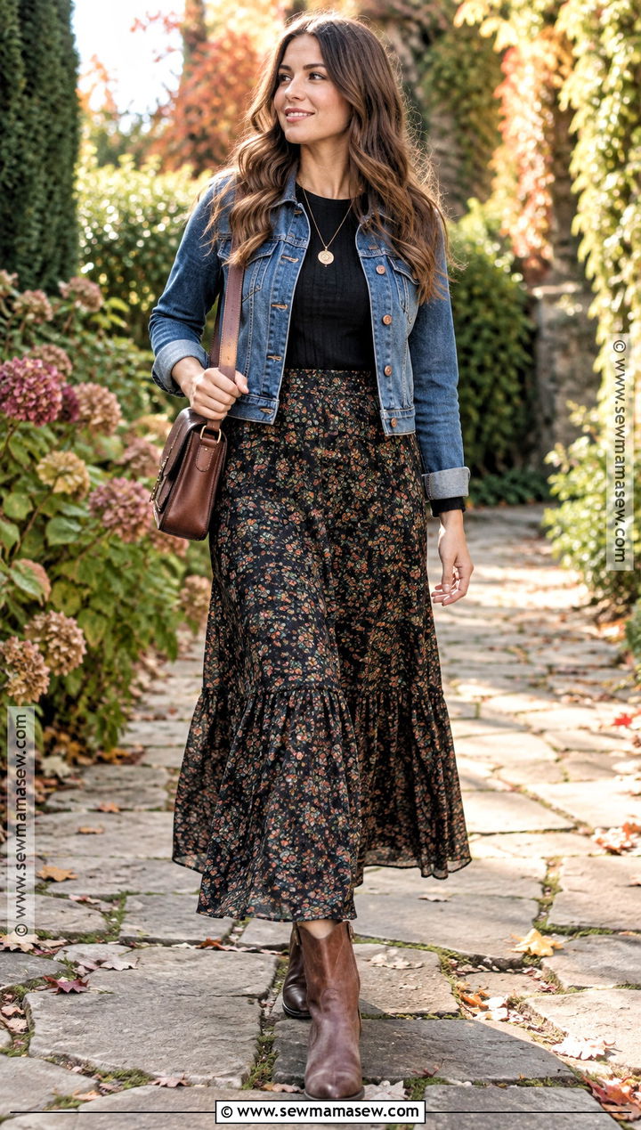 Floral Maxi Skirt And Denim Jacket Outfit - 15 fall fashion skirt ensemble ideas