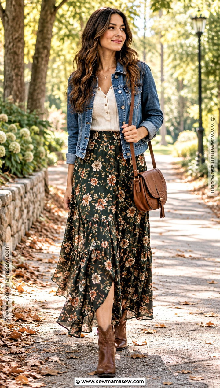 Floral Maxi Skirt And Denim Jacket Outfit - 15 Fall Aesthetic Outfit Skirt Ideas