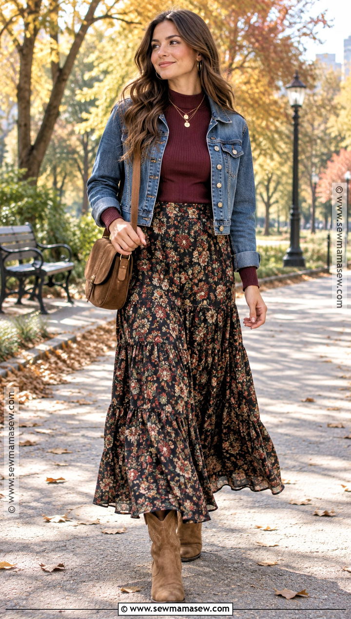 Floral Maxi Skirt Autumn Outfit - 25 autumn skirt outfit ideas