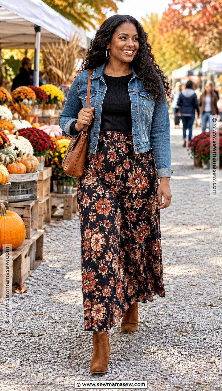 Floral Maxi Skirt Fall Outfit - 20 Skirt Fall Outfits for Black Women