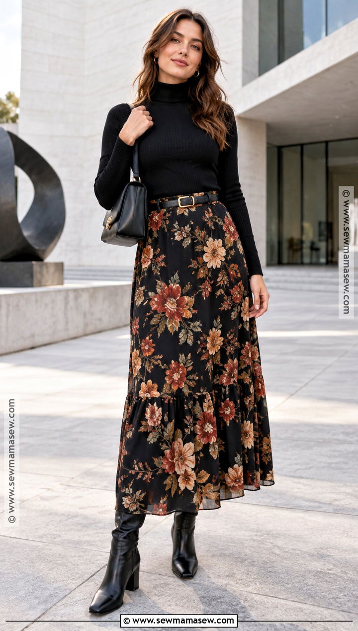 Floral Maxi Skirt With A Black Turtleneck And Tall Boots - 15 Fall Floral Maxi Skirt Ideas