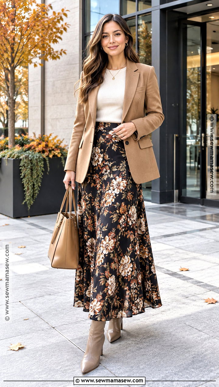 Floral Maxi Skirt With A Blazer And Heeled Boots - 15 Fall Floral Maxi Skirt Ideas