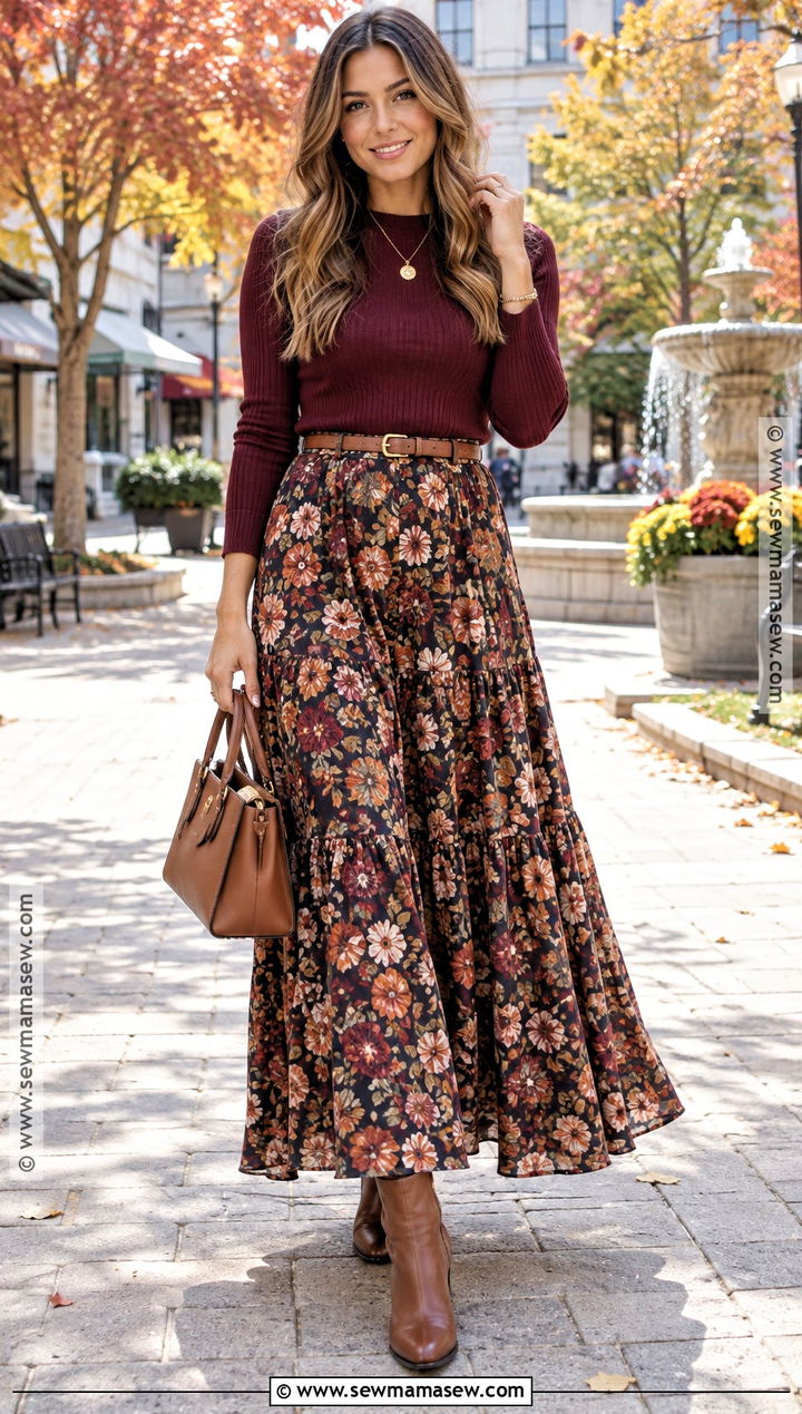 Floral Maxi Skirt With A Burgundy Sweater And Brown Boots - 15 Fall Floral Maxi Skirt Ideas