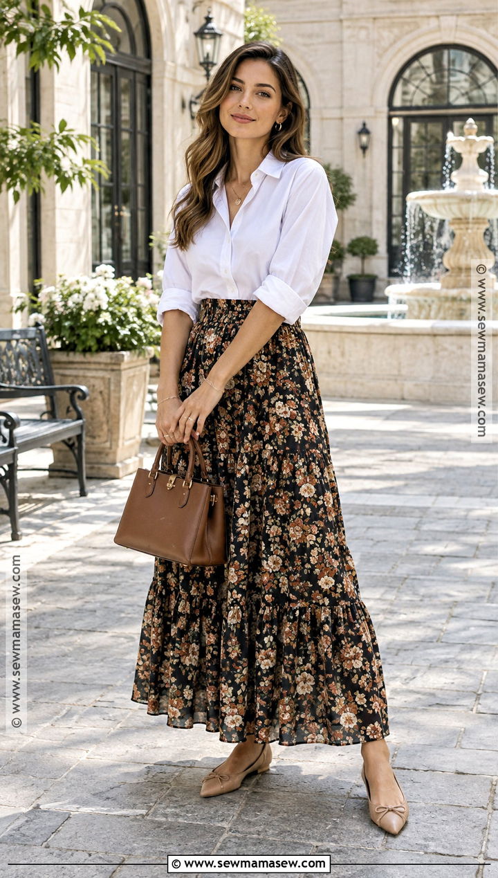 Floral Maxi Skirt With A Button Down Shirt And Ballet Flats - 15 Fall Floral Maxi Skirt Ideas