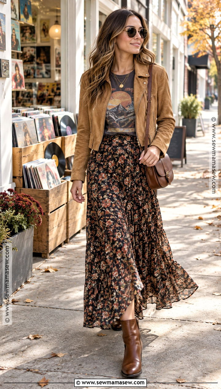 Floral Maxi Skirt With A Graphic Tee And Suede Jacket - 15 Fall Floral Maxi Skirt Ideas