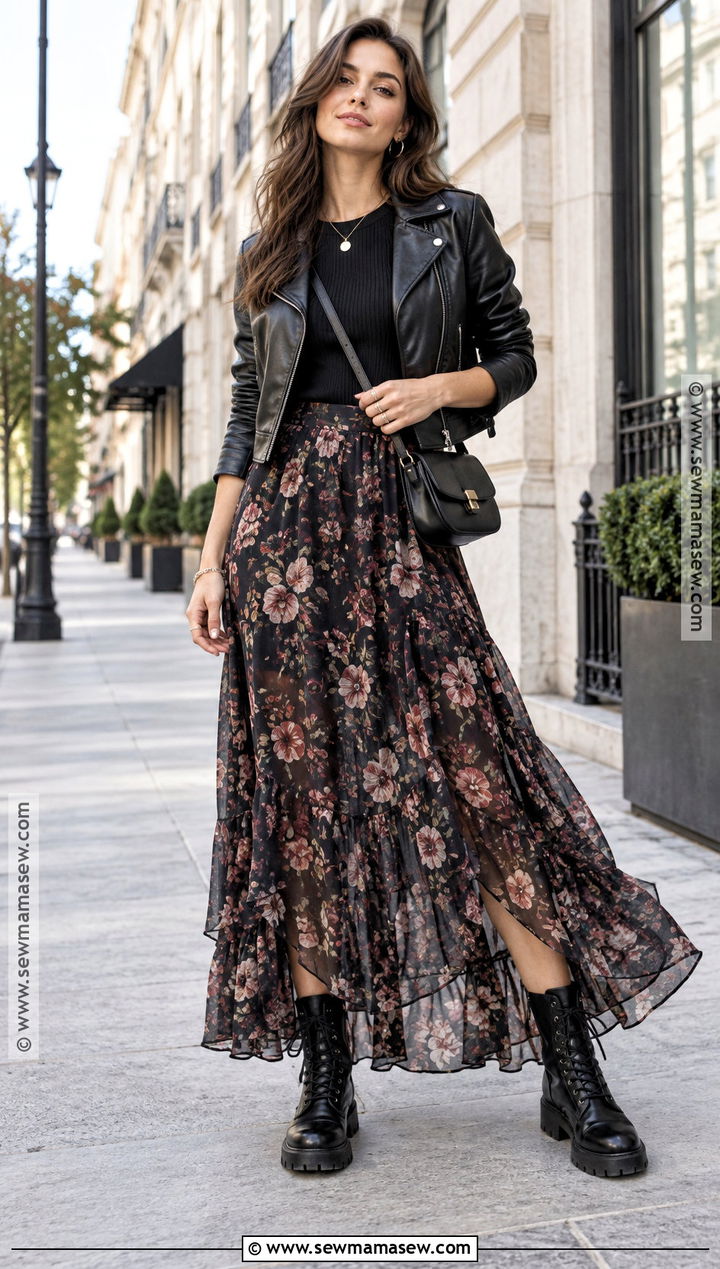 Floral Maxi Skirt With A Leather Jacket And Combat Boots - 15 Fall Floral Maxi Skirt Ideas