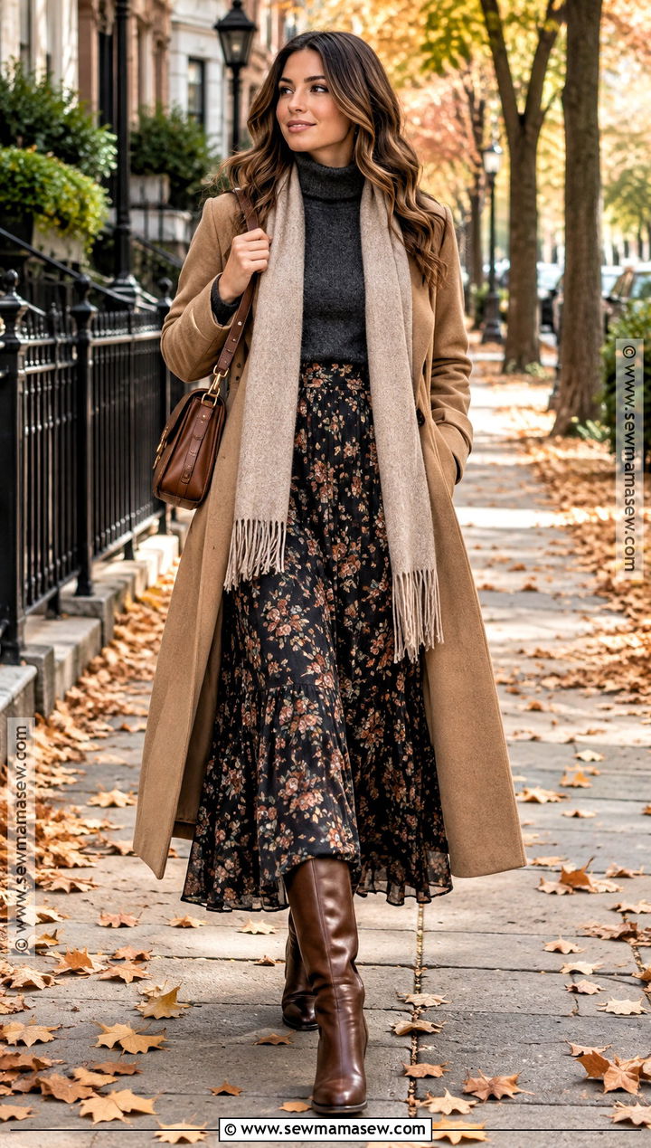 Floral Maxi Skirt With A Long Coat And Knee High Boots - 15 Fall Floral Maxi Skirt Ideas