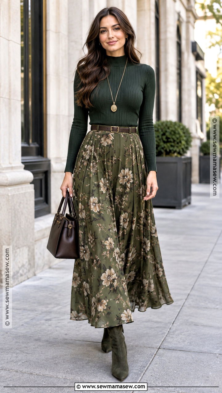 Floral Maxi Skirt With A Monochrome Knit Top And Boots - 15 Fall Floral Maxi Skirt Ideas