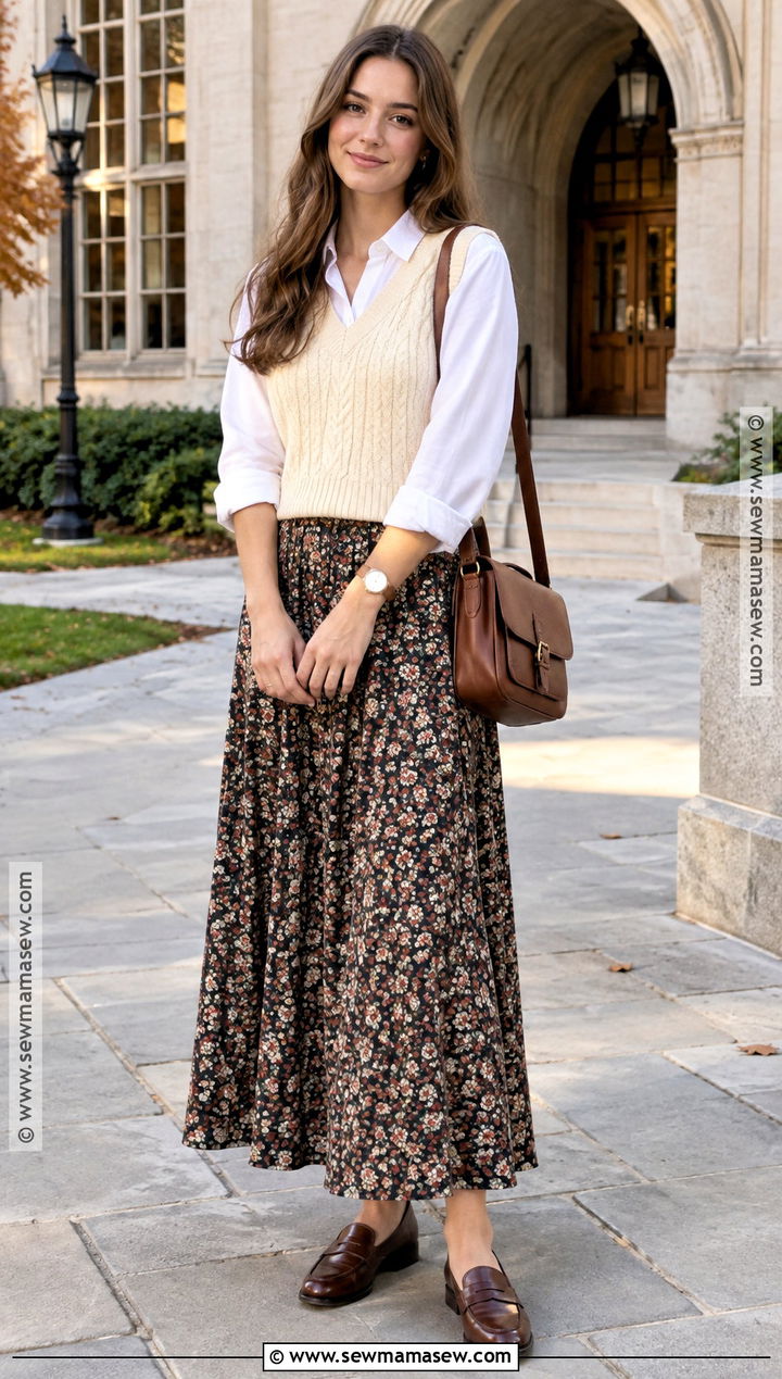 Floral Maxi Skirt With A Sweater Vest And Oxford Shirt - 15 Fall Floral Maxi Skirt Ideas