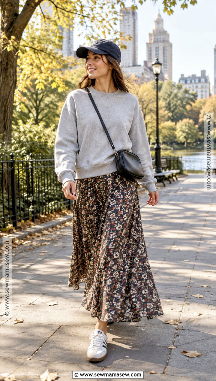Floral Maxi Skirt With A Sweatshirt And Retro Sneakers - 15 Fall Floral Maxi Skirt Ideas