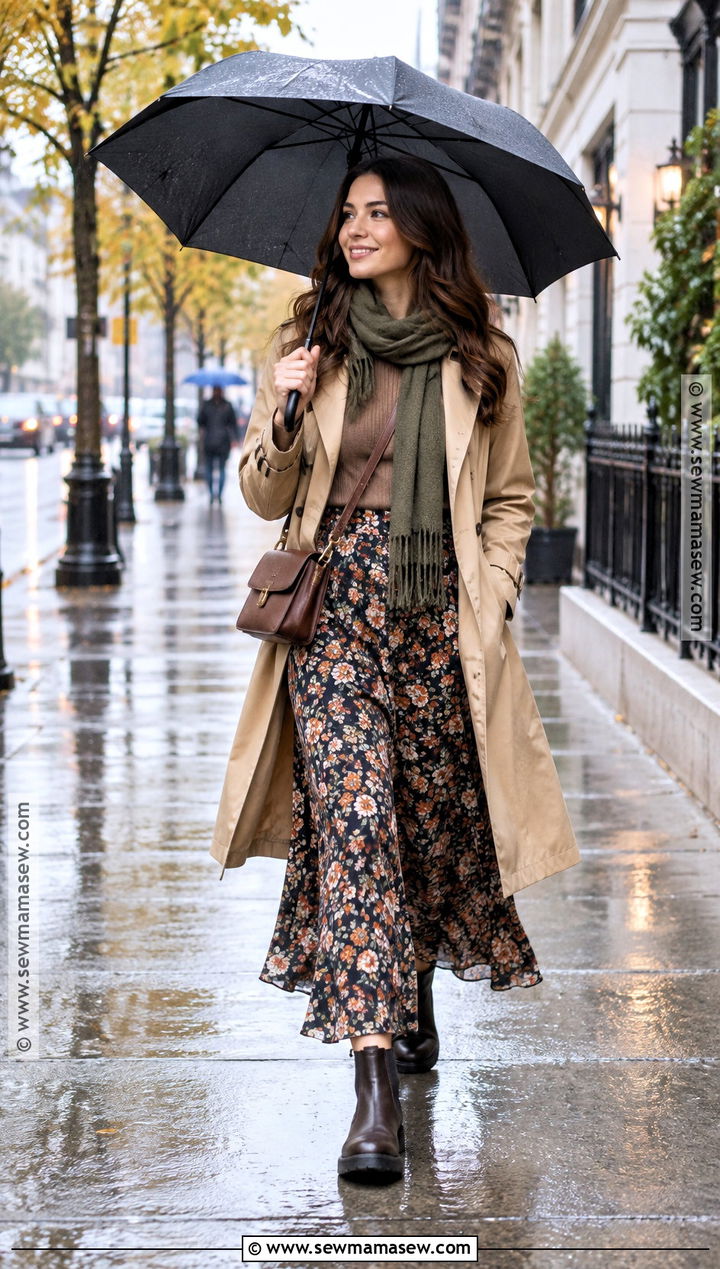 Floral Maxi Skirt With A Trench Coat And Chelsea Boots - 15 Fall Floral Maxi Skirt Ideas