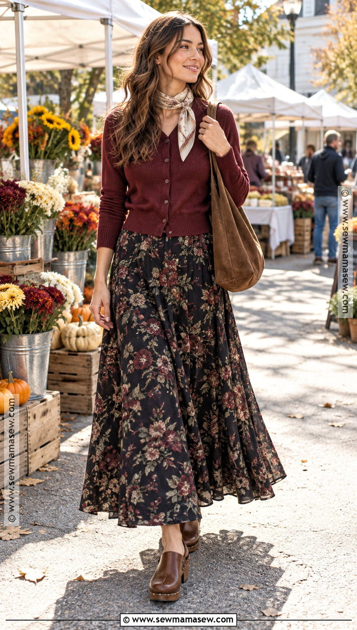 Floral Maxi Skirt With Cardigan And Clogs - 20 Autumn Maxi Skirt Outfit Ideas